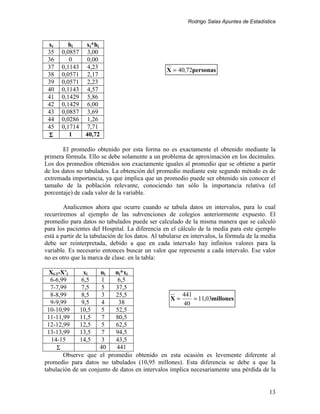 Rodrigo Salas Apuntes de Estadística



 xi       hi    xi*hi
 35    0,0857    3,00
 36       0      0,00
 37    0,1143    4,23                             X = 40,72personas
 38    0,0571    2,17
 39    0,0571    2,23
 40    0,1143    4,57
 41    0,1429    5,86
 42    0,1429    6,00
 43    0,0857    3,69
 44    0,0286    1,26
 45    0,1714    7,71
 Σ        1     40,72

        El promedio obtenido por esta forma no es exactamente el obtenido mediante la
primera fórmula. Ello se debe solamente a un problema de aproximación en los decimales.
Los dos promedios obtenidos son exactamente iguales al promedio que se obtiene a partir
de los datos no tabulados. La obtención del promedio mediante este segundo método es de
extremada importancia, ya que implica que un promedio puede ser obtenido sin conocer el
tamaño de la población relevante, conociendo tan sólo la importancia relativa (el
porcentaje) de cada valor de la variable.

        Analicemos ahora que ocurre cuando se tabula datos en intervalos, para lo cual
recurriremos al ejemplo de las subvenciones de colegios anteriormente expuesto. El
promedio para datos no tabulados puede ser calculado de la misma manera que se calculó
para los pacientes del Hospital. La diferencia en el cálculo de la media para este ejemplo
está a partir de la tabulación de los datos. Al tabularse en intervalos, la fórmula de la media
debe ser reinterpretada, debido a que en cada intervalo hay infinitos valores para la
variable. Es necesario entonces buscar un valor que represente a cada intervalo. Ese valor
no es otro que la marca de clase. en la tabla:

  Xi-1-X’i      xi   ni    ni*xi
  6-6,99      6,5     1     6,5
  7-7,99       7,5    5    37,5
  8-8,99       8,5    3    25,5                       441
                                                 X=       = 11,03millones
  9-9,99      9,5     4     38                        40
 10-10,99     10,5    5    52,5
 11-11,99     11,5    7    80,5
 12-12,99     12,5    5    62,5
 13-13,99     13,5    7    94,5
   14-15      14,5    3    43,5
     Σ               40    441
        Observe que el promedio obtenido en esta ocasión es levemente diferente al
promedio para datos no tabulados (10,95 millones). Esta diferencia se debe a que la
tabulación de un conjunto de datos en intervalos implica necesariamente una pérdida de la


                                                                                            13
 