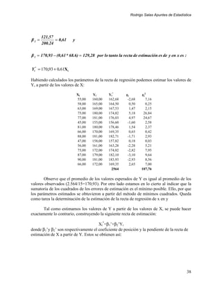 Rodrigo Salas Apuntes de Estadística




       121,57
β2 =          = 0,61     y
       200.24

β 1 = 170,93 − (0,61 * 68.6) = 129,28 por lo tanto la recta de estimación es de y en x es :


Yi* = 170 ,93 + 0.61Xi

Habiendo calculados los parámetros de la recta de regresión podemos estimar los valores de
Y, a partir de los valores de X:

                             Xi      Yi       Yi*      εi        εi2
                             55,00   160,00   162,68    -2,68       7,16
                             58,00   165,00   164,50      0,50      0,25
                             63,00   169,00   167,53      1,47      2,15
                             75,00   180,00   174,82      5,18    26,84
                             77,00   181,00   176,03      4,97    24,67
                             45,00   155,00   156,60    -1,60       2,58
                             81,00   180,00   178,46      1,54      2,37
                             66,00   170,00   169,35      0,65      0,42
                             88,00   181,00   182,71    -1,71       2,93
                             47,00   158,00   157,82      0,18      0,03
                             56,00   161,00   163,28    -2,28       5,21
                             75,00   172,00   174,82    -2,82       7,95
                             87,00   179,00   182,10    -3,10       9,64
                             90,00   181,00   183,93    -2,93       8,56
                             66,00   172,00   169,35      2,65      7,00
                                               2564              107,76

       Observe que el promedio de los valores esperados de Y es igual al promedio de los
valores observados (2.564/15=170,93). Por otro lado estamos en lo cierto al indicar que la
sumatoria de los cuadrados de los errores de estimación es el mínimo posible. Ello, por que
los parámetros estimados se obtuvieron a partir del método de mínimos cuadrados. Queda
como tarea la determinación de la estimación de la recta de regresión de x en y

       Tal como estimamos los valores de Y a partir de los valores de X, se puede hacer
exactamente lo contrario, construyendo la siguiente recta de estimación:

                                       Xi*=β1’+β2’Yi
donde β1’y β2’ son respectivamente el coeficiente de posición y la pendiente de la recta de
estimación de X a partir de Y. Estos se obtienen así:




                                                                                              38
 