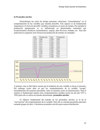 Rodrigo Salas Apuntes de Estadística




b) Promedios móviles

       Generalmente las series de tiempo presentan variaciones “extraordinarias” en el
comportamiento de las variables que intentan describir. Este aspecto es de fundamental
importancia a la hora de describir variables económicas en series de tiempo. Por ejemplo la
producción agropecuaria se ve influenciada en determinados momentos por
acontecimientos climáticos extraordinarios: sequías, años lluviosos, heladas, etc. Para ello
analicemos la siguiente serie (ficticia) de producción de tomates en toneladas:

                        Año      Producción   Año      Producción
                        1970     800          1980     840
                        1971     805          1981     839
                        1972     815          1982     843
                        1973     817          1983     873
                        1974     818          1984     850
                        1975     822          1985     857
                        1976     830          1986     860
                        1977     700          1987     865
                        1978     831          1988     872
                        1979     833          1989     875


  900

  850

  800
                                                                            Pr od u c c ió n

  750

  700




A primera vista es fácil darse cuenta que la tendencia de esta variable es hacia el aumento.
Sin embargo existe años en que los comportamientos de la variable “escapa”
inusitadamente del aumento precedente, tanto en aumento como en disminuciones. Para el
analista es fundamental separar estos comportamientos aislados (como los del año 1977 y
1983) para ello se utiliza un método denominado: promedios móviles.

       El objetivo fundamental del método de los promedios móviles es el de la
“suavización” del comportamiento de la variable. Para ello se calculan promedios parciales
tomando grupos de años. Calculemos promedios móviles para nuestra distribución




                                                                                               42
 