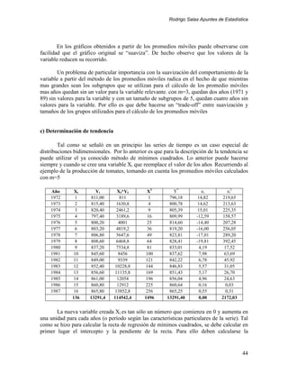 Rodrigo Salas Apuntes de Estadística




        En los gráficos obtenidos a partir de los promedios móviles puede observarse con
facilidad que el gráfico original se “suaviza”. De hecho observe que los valores de la
variable reducen su recorrido.

        Un problema de particular importancia con la suavización del comportamiento de la
variable a partir del método de los promedios móviles radica en el hecho de que mientras
mas grandes sean los subgrupos que se utilizan para el cálculo de los promedio móviles
mas años quedan sin un valor para la variable relevante. con m=3, quedan dos años (1971 y
89) sin valores para la variable y con un tamaño de subgrupos de 5, quedan cuatro años sin
valores para la variable. Por ello es que debe hacerse un “trade-off” entre suavización y
tamaños de los grupos utilizados para el cálculo de los promedios móviles


c) Determinación de tendencia

        Tal como se señaló en un principio las series de tiempo es un caso especial de
distribuciones bidimensionales. Por lo anterior es que para la descripción de la tendencia se
puede utilizar el ya conocido método de mínimos cuadrados. Lo anterior puede hacerse
siempre y cuando se cree una variable Xi que reemplace el valor de los años Recurriendo al
ejemplo de la producción de tomates, tomando en cuenta los promedios móviles calculados
con m=5

    Año        Xi       Yi       XI*YI         X2          Y*            ei         ei2
    1972       1      811,00       811          1        796,18        14,82     219,65
    1973       2      815,40     1630,8         4        800,78        14,62     213,63
    1974       3      820,40     2461,2         9        805,39        15,01     225,35
    1975       4      797,40     3189,6        16        809,99       -12,59     158,57
    1976       5      800,20      4001         25        814,60       -14,40     207,28
    1977       6      803,20     4819,2        36        819,20       -16,00     256,05
    1978       7      806,80     5647,6        49        823,81       -17,01     289,20
    1979       8      808,60     6468,8        64        828,41       -19,81     392,45
    1980       9      837,20     7534,8        81        833,01         4,19      17,52
    1981      10      845,60      8456        100        837,62        7,98       63,69
    1982      11      849,00      9339        121        842,22        6,78       45,92
    1983      12      852,40    10228,8       144        846,83         5,57      31,05
    1984      13      856,60    11135,8       169        851,43         5,17      26,70
    1985      14      861,00     12054        196        856,04        4,96       24,63
    1986      15      860,80     12912        225        860,64        0,16        0,03
    1987      16      865,80    13852,8       256        865,25         0,55       0,31
              136     13291,4   114542,4      1496      13291,40        0,00     2172,03


       La nueva variable creada Xi es tan sólo un número que comienza en 0 y aumenta en
una unidad para cada años (o período según las características particulares de la serie). Tal
como se hizo para calcular la recta de regresión de mínimos cuadrados, se debe calcular en
primer lugar el intercepto y la pendiente de la recta. Para ello deben calcularse la


                                                                                           44
 