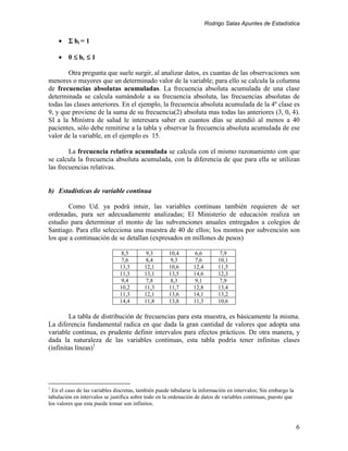 Rodrigo Salas Apuntes de Estadística


    • Σ hi = 1

    • 0 ≤ hi ≤ 1

        Otra pregunta que suele surgir, al analizar datos, es cuantas de las observaciones son
menores o mayores que un determinado valor de la variable; para ello se calcula la columna
de frecuencias absolutas acumuladas. La frecuencia absoluta acumulada de una clase
determinada se calcula sumándole a su frecuencia absoluta, las frecuencias absolutas de
todas las clases anteriores. En el ejemplo, la frecuencia absoluta acumulada de la 4º clase es
9, y que proviene de la suma de su frecuencia(2) absoluta mas todas las anteriores (3, 0, 4).
SI a la Ministra de salud le interesara saber en cuantos días se atendió al menos a 40
pacientes, sólo debe remitirse a la tabla y observar la frecuencia absoluta acumulada de ese
valor de la variable, en el ejemplo es 15.

        La frecuencia relativa acumulada se calcula con el mismo razonamiento con que
se calcula la frecuencia absoluta acumulada, con la diferencia de que para ella se utilizan
las frecuencias relativas.


b) Estadísticas de variable continua

       Como Ud. ya podrá intuir, las variables continuas también requieren de ser
ordenadas, para ser adecuadamente analizadas; El Ministerio de educación realiza un
estudio para determinar el monto de las subvenciones anuales entregados a colegios de
Santiago. Para ello selecciona una muestra de 40 de ellos; los montos por subvención son
los que a continuación de se detallan (expresados en millones de pesos)

                                8,5       9,3        10,4       6,6         7,9
                                7,6       8,4         9,3        7,6        10,1
                               13,3       12,1       10,6       12,4        11,5
                               11,3       13,1       13,5       14,6        12,3
                                9,4       7,8         8,3       9,1         7,9
                               10,2       11,3       11,7       12,8        13,4
                               11,3       12,1       13,6       14,1        13,2
                               14,4       11,8       13,8       11,3        10,6

        La tabla de distribución de frecuencias para esta muestra, es básicamente la misma.
La diferencia fundamental radica en que dada la gran cantidad de valores que adopta una
variable continua, es prudente definir intervalos para efectos prácticos. De otra manera, y
dada la naturaleza de las variables continuas, esta tabla podría tener infinitas clases
(infinitas líneas)1




1
  En el caso de las variables discretas, también puede tabularse la información en intervalos; Sin embargo la
tabulación en intervalos se justifica sobre todo en la ordenación de datos de variables continuas, puesto que
los valores que esta puede tomar son infinitos.



                                                                                                                6
 