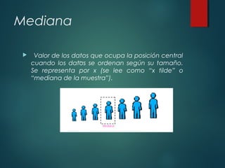 Mediana
 Valor de los datos que ocupa la posición central
cuando los datos se ordenan según su tamaño.
Se representa por x (se lee como “x tilde” o
“mediana de la muestra”).
 