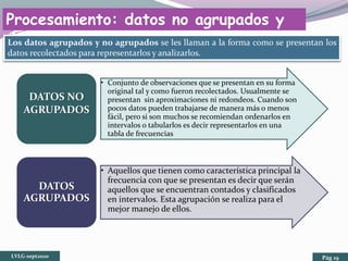 • Conjunto de observaciones que se presentan en su forma
original tal y como fueron recolectados. Usualmente se
presentan sin aproximaciones ni redondeos. Cuando son
pocos datos pueden trabajarse de manera más o menos
fácil, pero si son muchos se recomiendan ordenarlos en
intervalos o tabularlos es decir representarlos en una
tabla de frecuencias
DATOS NO
AGRUPADOS
• Aquellos que tienen como característica principal la
frecuencia con que se presentan es decir que serán
aquellos que se encuentran contados y clasificados
en intervalos. Esta agrupación se realiza para el
mejor manejo de ellos.
DATOS
AGRUPADOS
Procesamiento: datos no agrupados y
datos agrupadosLos datos agrupados y no agrupados se les llaman a la forma como se presentan los
datos recolectados para representarlos y analizarlos.
LVLG-sept2020 Pág 19
 