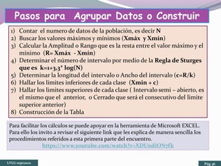 Pasos para Agrupar Datos o Construir
una Tabla1) Contar el numero de datos de la población, es decir N
2) Buscar los valores máximos y mínimos (Xmáx y Xmín)
3) Calcular la Amplitud o Rango que es la resta entre el valor máximo y el
mínimo (R= Xmáx - Xmín)
4) Determinar el número de intervalo por medio de la Regla de Sturges
que es k=1+3,3* log(N)
5) Determinar la longitud del intervalo o Ancho del intervalo (c=R/k)
6) Hallar los límites inferiores de cada clase (Xmin + c)
7) Hallar los limites superiores de cada clase ( Intervalo semi – abierto, es
el mismo que el anterior, o Cerrado que será el consecutivo del limite
superior anterior)
8) Construcción de la Tabla
LVLG-sept2020 Pág 36
Para facilitar los cálculos se puede apoyar en la herramienta de Microsoft EXCEL.
Para ello los invito a revisar el siguiente link que les explica de manera sencilla los
procedimientos referidos a esta primera parte del encuentro.
https://www.youtube.com/watch?v=XDUndiON7fk
 