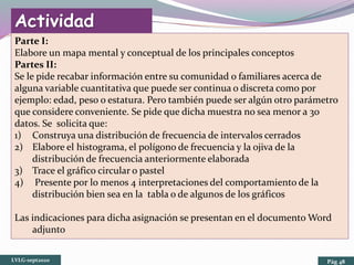 Actividad
evaluativaParte I:
Elabore un mapa mental y conceptual de los principales conceptos
Partes II:
Se le pide recabar información entre su comunidad o familiares acerca de
alguna variable cuantitativa que puede ser continua o discreta como por
ejemplo: edad, peso o estatura. Pero también puede ser algún otro parámetro
que considere conveniente. Se pide que dicha muestra no sea menor a 30
datos. Se solicita que:
1) Construya una distribución de frecuencia de intervalos cerrados
2) Elabore el histograma, el polígono de frecuencia y la ojiva de la
distribución de frecuencia anteriormente elaborada
3) Trace el gráfico circular o pastel
4) Presente por lo menos 4 interpretaciones del comportamiento de la
distribución bien sea en la tabla o de algunos de los gráficos
Las indicaciones para dicha asignación se presentan en el documento Word
adjunto
LVLG-sept2020 Pág 48
 