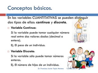 Conceptos básicos.
 Variable Continua:
Si la variable puede tomar cualquier número
real entre dos valores dados (decimal o
entero).
Ej. El peso de un individuo.
 Variable Discreta:
Si la variable sólo puede tomar números
enteros.
Ej. El número de hijos de un individuo.
En las variables CUANTITATIVAS se pueden distinguir
dos tipos de ellas: continua y discreta.
12/06/2014Dr. Francisco Javier Tapia Moreno
 