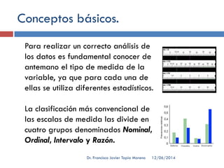 Conceptos básicos.
Para realizar un correcto análisis de
los datos es fundamental conocer de
antemano el tipo de medida de la
variable, ya que para cada una de
ellas se utiliza diferentes estadísticos.
La clasificación más convencional de
las escalas de medida las divide en
cuatro grupos denominados Nominal,
Ordinal, Intervalo y Razón.
12/06/2014Dr. Francisco Javier Tapia Moreno
 