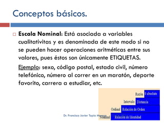 Conceptos básicos.
 Escala Nominal: Está asociada a variables
cualitativitas y es denominada de este modo si no
se pueden hacer operaciones aritméticas entre sus
valores, pues éstos son únicamente ETIQUETAS.
Ejemplo: sexo, código postal, estado civil, número
telefónico, número al correr en un maratón, deporte
favorito, carrera a estudiar, etc.
12/06/2014Dr. Francisco Javier Tapia Moreno
 