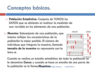 Conceptos básicos.
 Población Estadística: Conjunto de TODOS los
DATOS que se obtienen al realizar la medición de
una variable en los elementos de una población.
 Muestra: Subconjunto de una población, que
intenta reflejar las características de la
población lo mejor posible. El número de
individuos que integran la muestra, llamado
tamaño de la muestra se representa con la
letra n.
Cuando se realiza un estudio estadístico de toda la población se
le denomina Censo y cuando se hace un estudio de una parte de
la población se le llama Muestreo. 12/06/2014Dr. Francisco Javier Tapia Moreno
 