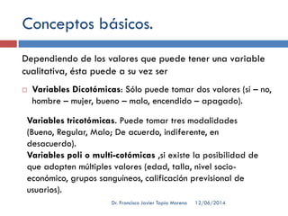 Conceptos básicos.
 Variables Dicotómicas: Sólo puede tomar dos valores (sí – no,
hombre – mujer, bueno – malo, encendido – apagado).
Variables tricotómicas. Puede tomar tres modalidades
(Bueno, Regular, Malo; De acuerdo, indiferente, en
desacuerdo).
Variables poli o multi-cotómicas ,si existe la posibilidad de
que adopten múltiples valores (edad, talla, nivel socio-
económico, grupos sanguíneos, calificación previsional de
usuarios).
Dependiendo de los valores que puede tener una variable
cualitativa, ésta puede a su vez ser
12/06/2014Dr. Francisco Javier Tapia Moreno
 