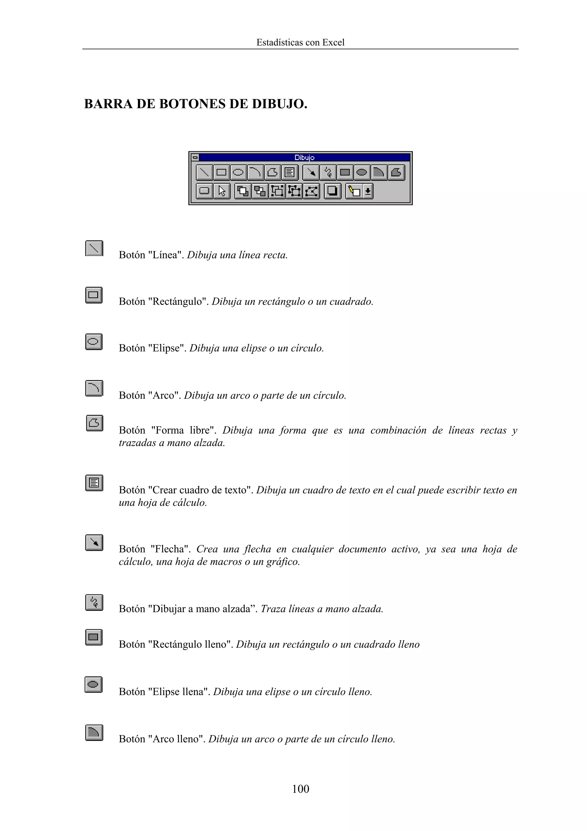 Estadísticas con Excel




BARRA DE BOTONES DE DIBUJO.




    Botón "Línea". Dibuja una línea recta.



    Botón "Rectángulo". Dibuja un rectángulo o un cuadrado.



    Botón "Elipse". Dibuja una elipse o un círculo.



    Botón "Arco". Dibuja un arco o parte de un círculo.


    Botón "Forma libre". Dibuja una forma que es una combinación de líneas rectas y
    trazadas a mano alzada.



    Botón "Crear cuadro de texto". Dibuja un cuadro de texto en el cual puede escribir texto en
    una hoja de cálculo.



    Botón "Flecha". Crea una flecha en cualquier documento activo, ya sea una hoja de
    cálculo, una hoja de macros o un gráfico.



    Botón "Dibujar a mano alzada”. Traza líneas a mano alzada.


    Botón "Rectángulo lleno". Dibuja un rectángulo o un cuadrado lleno



    Botón "Elipse llena". Dibuja una elipse o un círculo lleno.



    Botón "Arco lleno". Dibuja un arco o parte de un círculo lleno.



                                             100
 