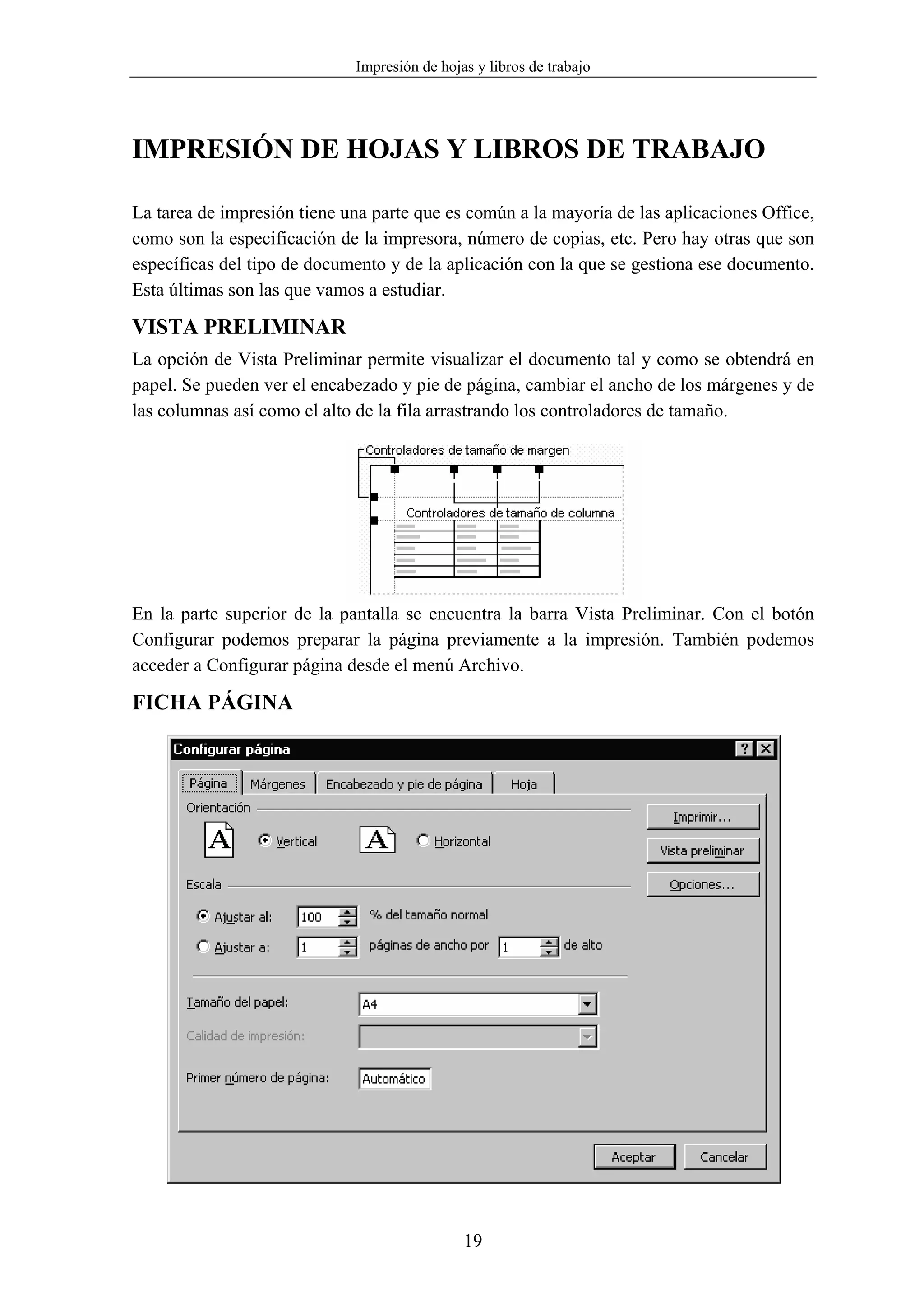 Impresión de hojas y libros de trabajo




IMPRESIÓN DE HOJAS Y LIBROS DE TRABAJO

La tarea de impresión tiene una parte que es común a la mayoría de las aplicaciones Office,
como son la especificación de la impresora, número de copias, etc. Pero hay otras que son
específicas del tipo de documento y de la aplicación con la que se gestiona ese documento.
Esta últimas son las que vamos a estudiar.

VISTA PRELIMINAR
La opción de Vista Preliminar permite visualizar el documento tal y como se obtendrá en
papel. Se pueden ver el encabezado y pie de página, cambiar el ancho de los márgenes y de
las columnas así como el alto de la fila arrastrando los controladores de tamaño.




En la parte superior de la pantalla se encuentra la barra Vista Preliminar. Con el botón
Configurar podemos preparar la página previamente a la impresión. También podemos
acceder a Configurar página desde el menú Archivo.

FICHA PÁGINA




                                              19
 