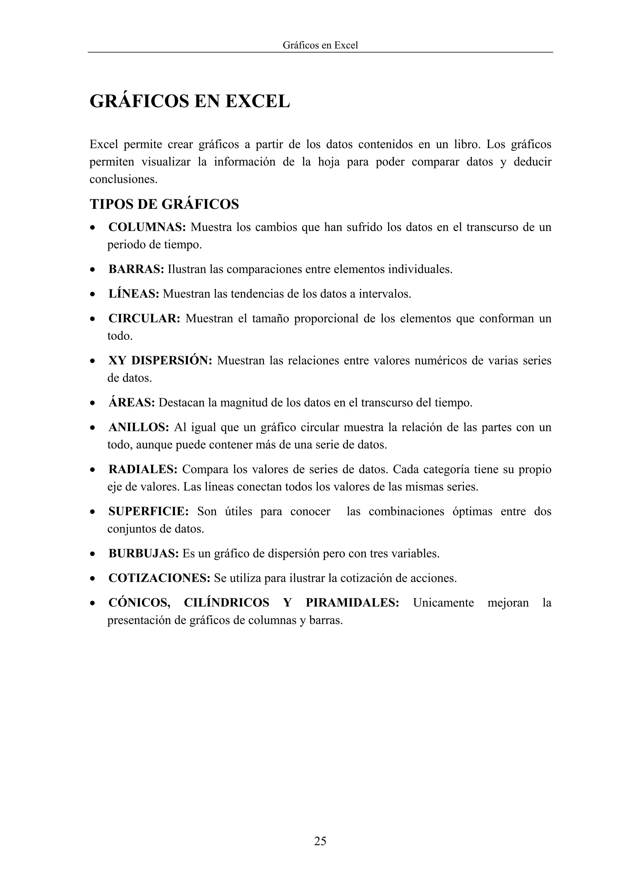 Gráficos en Excel




GRÁFICOS EN EXCEL

Excel permite crear gráficos a partir de los datos contenidos en un libro. Los gráficos
permiten visualizar la información de la hoja para poder comparar datos y deducir
conclusiones.

TIPOS DE GRÁFICOS
•   COLUMNAS: Muestra los cambios que han sufrido los datos en el transcurso de un
    periodo de tiempo.
•   BARRAS: Ilustran las comparaciones entre elementos individuales.
•   LÍNEAS: Muestran las tendencias de los datos a intervalos.
•   CIRCULAR: Muestran el tamaño proporcional de los elementos que conforman un
    todo.
•   XY DISPERSIÓN: Muestran las relaciones entre valores numéricos de varias series
    de datos.
•   ÁREAS: Destacan la magnitud de los datos en el transcurso del tiempo.
•   ANILLOS: Al igual que un gráfico circular muestra la relación de las partes con un
    todo, aunque puede contener más de una serie de datos.
•   RADIALES: Compara los valores de series de datos. Cada categoría tiene su propio
    eje de valores. Las líneas conectan todos los valores de las mismas series.
•   SUPERFICIE: Son útiles para conocer            las combinaciones óptimas entre dos
    conjuntos de datos.
•   BURBUJAS: Es un gráfico de dispersión pero con tres variables.
•   COTIZACIONES: Se utiliza para ilustrar la cotización de acciones.
•   CÓNICOS, CILÍNDRICOS Y PIRAMIDALES:                          Unicamente   mejoran   la
    presentación de gráficos de columnas y barras.




                                            25
 