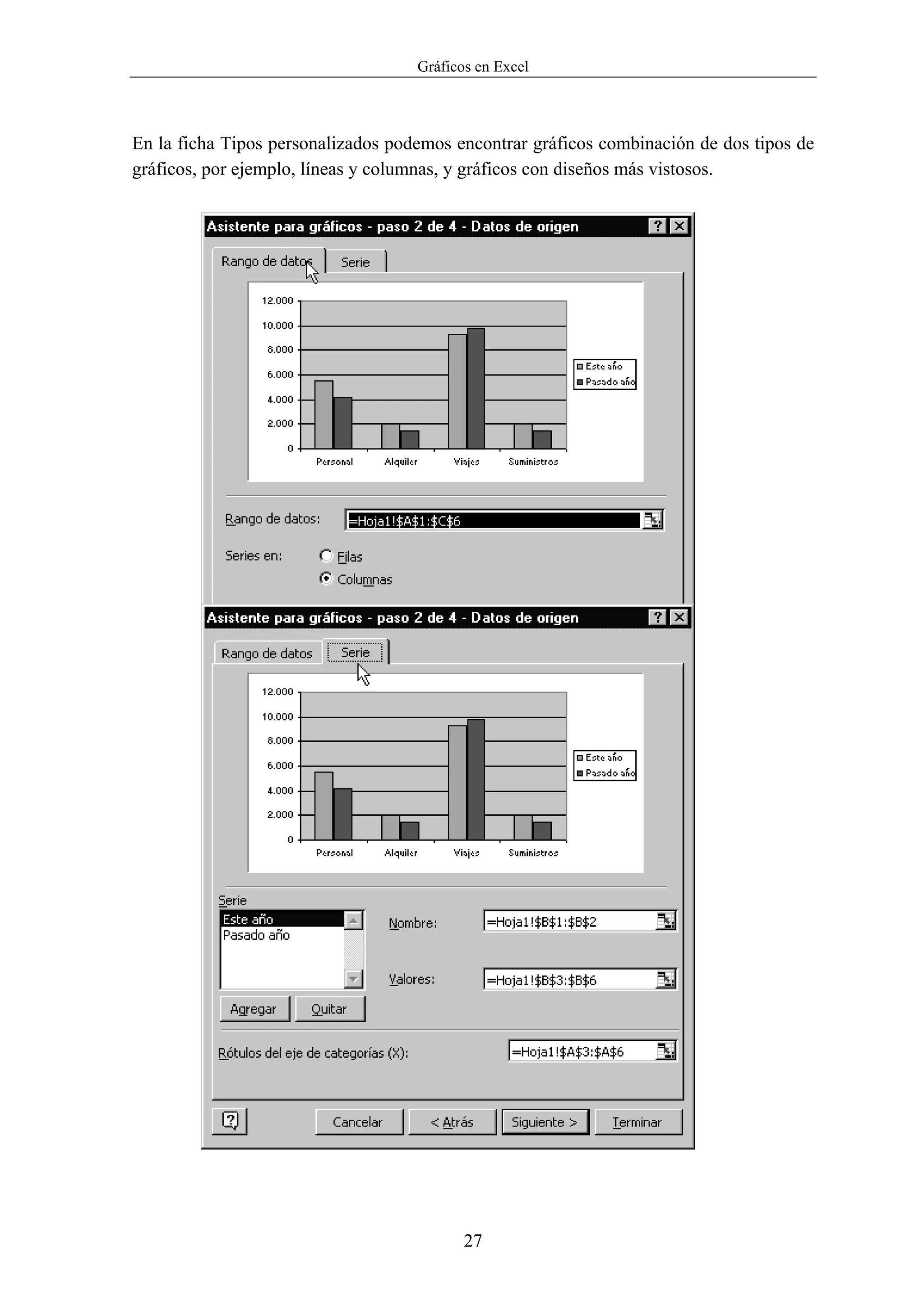 Gráficos en Excel



En la ficha Tipos personalizados podemos encontrar gráficos combinación de dos tipos de
gráficos, por ejemplo, líneas y columnas, y gráficos con diseños más vistosos.




                                           27
 