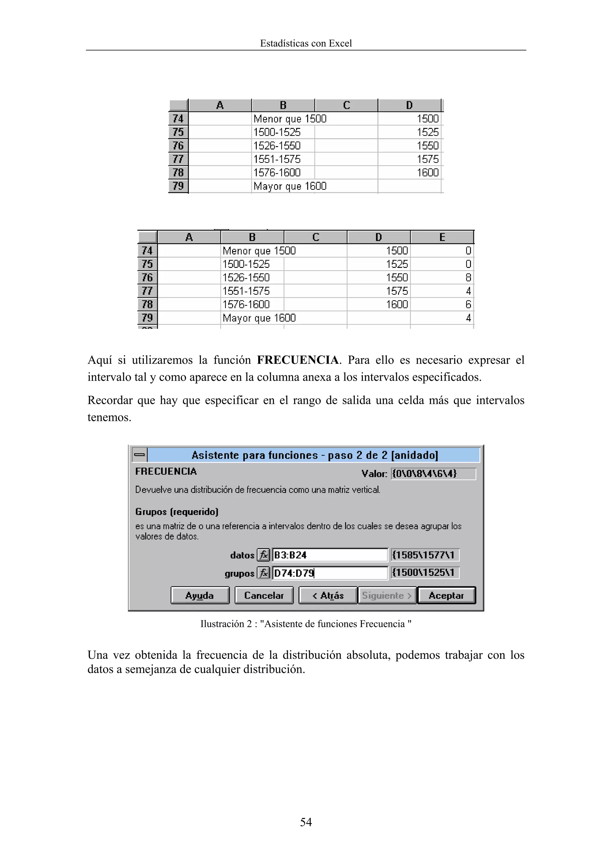 Estadísticas con Excel




Aquí si utilizaremos la función FRECUENCIA. Para ello es necesario expresar el
intervalo tal y como aparece en la columna anexa a los intervalos especificados.
Recordar que hay que especificar en el rango de salida una celda más que intervalos
tenemos.




                     Ilustración 2 : "Asistente de funciones Frecuencia "


Una vez obtenida la frecuencia de la distribución absoluta, podemos trabajar con los
datos a semejanza de cualquier distribución.




                                             54
 