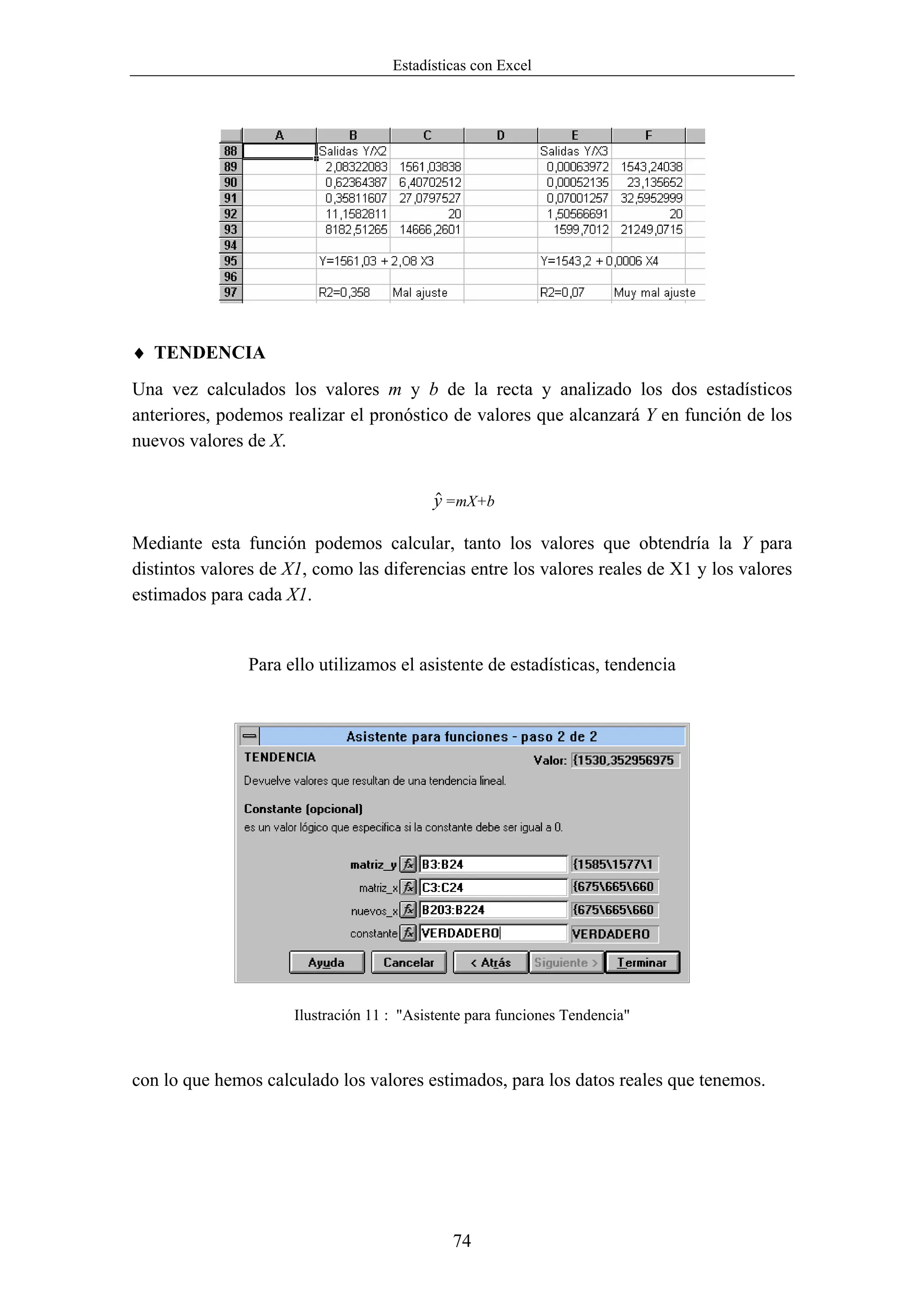 Estadísticas con Excel




♦ TENDENCIA
Una vez calculados los valores m y b de la recta y analizado los dos estadísticos
anteriores, podemos realizar el pronóstico de valores que alcanzará Y en función de los
nuevos valores de X.


                                            $
                                            y =mX+b

Mediante esta función podemos calcular, tanto los valores que obtendría la Y para
distintos valores de X1, como las diferencias entre los valores reales de X1 y los valores
estimados para cada X1.


               Para ello utilizamos el asistente de estadísticas, tendencia




                      Ilustración 11 : "Asistente para funciones Tendencia"



con lo que hemos calculado los valores estimados, para los datos reales que tenemos.




                                               74
 