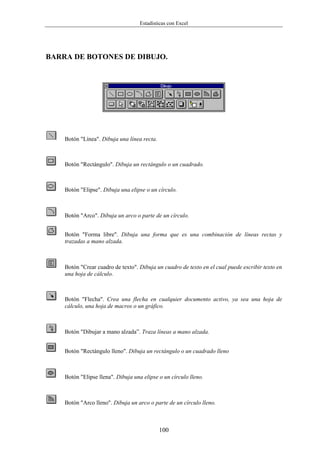 Estadísticas con Excel




BARRA DE BOTONES DE DIBUJO.




    Botón "Línea". Dibuja una línea recta.



    Botón "Rectángulo". Dibuja un rectángulo o un cuadrado.



    Botón "Elipse". Dibuja una elipse o un círculo.



    Botón "Arco". Dibuja un arco o parte de un círculo.


    Botón "Forma libre". Dibuja una forma que es una combinación de líneas rectas y
    trazadas a mano alzada.



    Botón "Crear cuadro de texto". Dibuja un cuadro de texto en el cual puede escribir texto en
    una hoja de cálculo.



    Botón "Flecha". Crea una flecha en cualquier documento activo, ya sea una hoja de
    cálculo, una hoja de macros o un gráfico.



    Botón "Dibujar a mano alzada”. Traza líneas a mano alzada.


    Botón "Rectángulo lleno". Dibuja un rectángulo o un cuadrado lleno



    Botón "Elipse llena". Dibuja una elipse o un círculo lleno.



    Botón "Arco lleno". Dibuja un arco o parte de un círculo lleno.



                                             100
 