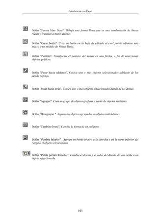 Estadísticas con Excel




Botón "Forma libre llena" .Dibuja una forma llena que es una combinación de líneas
rectas y trazadas a mano alzada.


Botón "Crear botón". Crea un botón en la hoja de cálculo al cual puede adjuntar una
macro o un módulo de Visual Basic.


Botón "Puntero". Transforma el puntero del mouse en una flecha, a fin de seleccionar
objetos gráficos.



Botón "Pasar hacia adelante". Coloca uno o más objetos seleccionados adelante de los
demás objetos.



Botón "Pasar hacia atrás". Coloca uno o más objetos seleccionados detrás de los demás.



Botón "Agrupar". Crea un grupo de objetos gráficos a partir de objetos múltiples.



Botón "Desagrupar ". Separa los objetos agrupados en objetos individuales.



Botón "Cambiar forma". Cambia la forma de un polígono.



Botón "Sombra inferior" . Agrega un borde oscuro a la derecha y en la parte inferior del
rango o el objeto seleccionado.



Botón "Paleta portátil Diseño ". Cambia el diseño y el color del diseño de una celda o un
objeto seleccionado.




                                       101
 
