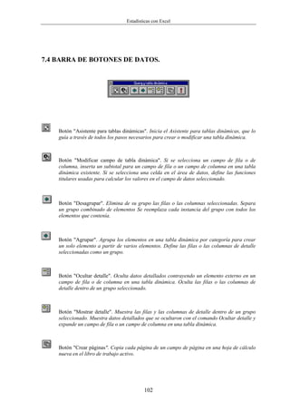 Estadísticas con Excel




7.4 BARRA DE BOTONES DE DATOS.




    Botón "Asistente para tablas dinámicas". Inicia el Asistente para tablas dinámicas, que lo
    guía a través de todos los pasos necesarios para crear o modificar una tabla dinámica.



    Botón "Modificar campo de tabla dinámica". Si se selecciona un campo de fila o de
    columna, inserta un subtotal para un campo de fila o un campo de columna en una tabla
    dinámica existente. Si se selecciona una celda en el área de datos, define las funciones
    titulares usadas para calcular los valores en el campo de datos seleccionado.



    Botón "Desagrupar". Elimina de su grupo las filas o las columnas seleccionadas. Separa
    un grupo combinado de elementos Se reemplaza cada instancia del grupo con todos los
    elementos que contenía.



    Botón "Agrupar". Agrupa los elementos en una tabla dinámica por categoría para crear
    un solo elemento a partir de varios elementos. Define las filas o las columnas de detalle
    seleccionadas como un grupo.



    Botón "Ocultar detalle". Oculta datos detallados contrayendo un elemento externo en un
    campo de fila o de columna en una tabla dinámica. Oculta las filas o las columnas de
    detalle dentro de un grupo seleccionado.



    Botón "Mostrar detalle". Muestra las filas y las columnas de detalle dentro de un grupo
    seleccionado. Muestra datos detallados que se ocultaron con el comando Ocultar detalle y
    expande un campo de fila o un campo de columna en una tabla dinámica.



    Botón "Crear páginas". Copia cada página de un campo de página en una hoja de cálculo
    nueva en el libro de trabajo activo.




                                           102
 