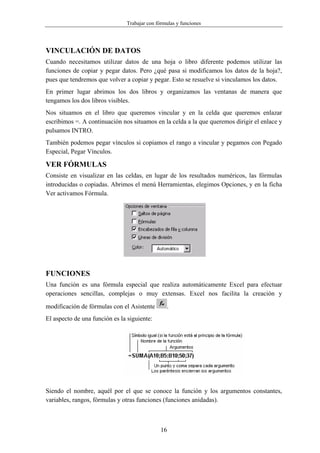 Trabajar con fórmulas y funciones




VINCULACIÓN DE DATOS
Cuando necesitamos utilizar datos de una hoja o libro diferente podemos utilizar las
funciones de copiar y pegar datos. Pero ¿qué pasa si modificamos los datos de la hoja?,
pues que tendremos que volver a copiar y pegar. Esto se resuelve si vinculamos los datos.
En primer lugar abrimos los dos libros y organizamos las ventanas de manera que
tengamos los dos libros visibles.
Nos situamos en el libro que queremos vincular y en la celda que queremos enlazar
escribimos =. A continuación nos situamos en la celda a la que queremos dirigir el enlace y
pulsamos INTRO.
También podemos pegar vínculos si copiamos el rango a vincular y pegamos con Pegado
Especial, Pegar Vínculos.

VER FÓRMULAS
Consiste en visualizar en las celdas, en lugar de los resultados numéricos, las fórmulas
introducidas o copiadas. Abrimos el menú Herramientas, elegimos Opciones, y en la ficha
Ver activamos Fórmula.




FUNCIONES
Una función es una fórmula especial que realiza automáticamente Excel para efectuar
operaciones sencillas, complejas o muy extensas. Excel nos facilita la creación y

modificación de fórmulas con el Asistente       .
El aspecto de una función es la siguiente:




Siendo el nombre, aquél por el que se conoce la función y los argumentos constantes,
variables, rangos, fórmulas y otras funciones (funciones anidadas).



                                              16
 