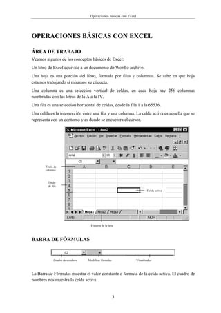 Operaciones básicas con Excel




OPERACIONES BÁSICAS CON EXCEL

ÁREA DE TRABAJO
Veamos algunos de los conceptos básicos de Excel:
Un libro de Excel equivale a un documento de Word o archivo.
Una hoja es una porción del libro, formada por filas y columnas. Se sabe en que hoja
estamos trabajando si miramos su etiqueta.
Una columna es una selección vertical de celdas, en cada hoja hay 256 columnas
nombradas con las letras de la A a la IV.
Una fila es una selección horizontal de celdas, desde la fila 1 a la 65536.
Una celda es la intersección entre una fila y una columna. La celda activa es aquella que se
representa con un contorno y es donde se encuentra el cursor.




        Título de
        columna



          Título
          de fila
                                                                            Celda activa




                                     Etiqueta de la hoja



BARRA DE FÓRMULAS


               Cuadro de nombres   Modificar fórmulas               Visualizador



La Barra de Fórmulas muestra el valor constante o fórmula de la celda activa. El cuadro de
nombres nos muestra la celda activa.


                                                        3
 
