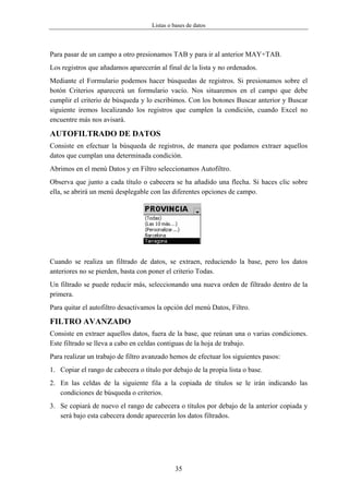 Listas o bases de datos



Para pasar de un campo a otro presionamos TAB y para ir al anterior MAY+TAB.
Los registros que añadamos aparecerán al final de la lista y no ordenados.
Mediante el Formulario podemos hacer búsquedas de registros. Si presionamos sobre el
botón Criterios aparecerá un formulario vacío. Nos situaremos en el campo que debe
cumplir el criterio de búsqueda y lo escribimos. Con los botones Buscar anterior y Buscar
siguiente iremos localizando los registros que cumplen la condición, cuando Excel no
encuentre más nos avisará.

AUTOFILTRADO DE DATOS
Consiste en efectuar la búsqueda de registros, de manera que podamos extraer aquellos
datos que cumplan una determinada condición.
Abrimos en el menú Datos y en Filtro seleccionamos Autofiltro.
Observa que junto a cada título o cabecera se ha añadido una flecha. Si haces clic sobre
ella, se abrirá un menú desplegable con las diferentes opciones de campo.




Cuando se realiza un filtrado de datos, se extraen, reduciendo la base, pero los datos
anteriores no se pierden, basta con poner el criterio Todas.
Un filtrado se puede reducir más, seleccionando una nueva orden de filtrado dentro de la
primera.
Para quitar el autofiltro desactivamos la opción del menú Datos, Filtro.

FILTRO AVANZADO
Consiste en extraer aquellos datos, fuera de la base, que reúnan una o varias condiciones.
Este filtrado se lleva a cabo en celdas contiguas de la hoja de trabajo.
Para realizar un trabajo de filtro avanzado hemos de efectuar los siguientes pasos:
1. Copiar el rango de cabecera o título por debajo de la propia lista o base.
2. En las celdas de la siguiente fila a la copiada de títulos se le irán indicando las
   condiciones de búsqueda o criterios.
3. Se copiará de nuevo el rango de cabecera o títulos por debajo de la anterior copiada y
   será bajo esta cabecera donde aparecerán los datos filtrados.




                                              35
 