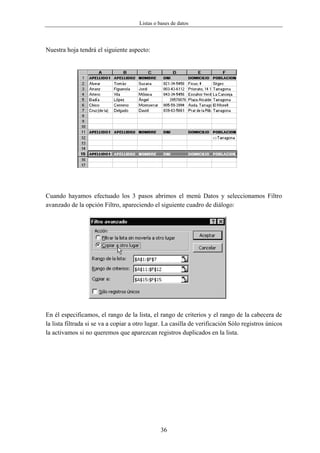 Listas o bases de datos



Nuestra hoja tendrá el siguiente aspecto:




Cuando hayamos efectuado los 3 pasos abrimos el menú Datos y seleccionamos Filtro
avanzado de la opción Filtro, apareciendo el siguiente cuadro de diálogo:




En él especificamos, el rango de la lista, el rango de criterios y el rango de la cabecera de
la lista filtrada si se va a copiar a otro lugar. La casilla de verificación Sólo registros únicos
la activamos si no queremos que aparezcan registros duplicados en la lista.




                                               36
 
