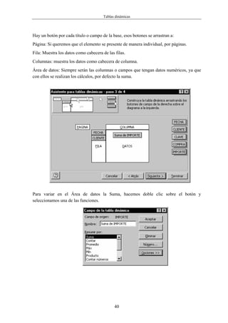 Tablas dinámicas



Hay un botón por cada título o campo de la base, esos botones se arrastran a:
Página: Si queremos que el elemento se presente de manera individual, por páginas.
Fila: Muestra los datos como cabecera de las filas.
Columnas: muestra los datos como cabecera de columna.
Área de datos: Siempre serán las columnas o campos que tengan datos numéricos, ya que
con ellos se realizan los cálculos, por defecto la suma.




Para variar en el Área de datos la Suma, hacemos doble clic sobre el botón y
seleccionamos una de las funciones.




                                             40
 