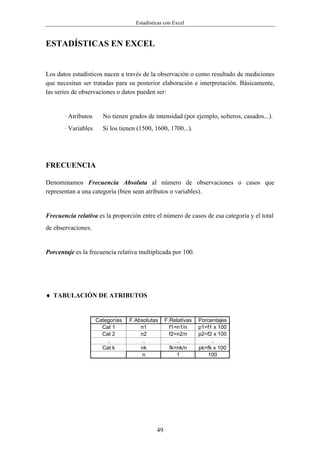 Estadísticas con Excel



ESTADÍSTICAS EN EXCEL


Los datos estadísticos nacen a través de la observación o como resultado de mediciones
que necesitan ser tratadas para su posterior elaboración e interpretación. Básicamente,
las series de observaciones o datos pueden ser:


       · Atributos     No tienen grados de intensidad (por ejemplo, solteros, casados...).
       · Variables     Si los tienen (1500, 1600, 1700...).




FRECUENCIA

Denominamos Frecuencia Absoluta al número de observaciones o casos que
representan a una categoría (bien sean atributos o variables).


Frecuencia relativa es la proporción entre el número de casos de esa categoría y el total
de observaciones.


Porcentaje es la frecuencia relativa multiplicada por 100.




♦ TABULACIÓN DE ATRIBUTOS


                     Categorías   F.Absolutas     F.Relativas   Porcentajes
                       Cat 1          n1            f1=n1/n     p1=f1 x 100
                       Cat 2          n2            f2=n2/n     p2=f2 x 100
                         ..            ..              ..            ..
                       Cat k          nk            fk=nk/n     pk=fk x 100
                                       n               1           100




                                             49
 