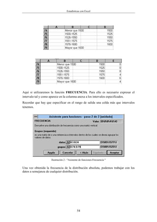 Estadísticas con Excel




Aquí si utilizaremos la función FRECUENCIA. Para ello es necesario expresar el
intervalo tal y como aparece en la columna anexa a los intervalos especificados.
Recordar que hay que especificar en el rango de salida una celda más que intervalos
tenemos.




                     Ilustración 2 : "Asistente de funciones Frecuencia "


Una vez obtenida la frecuencia de la distribución absoluta, podemos trabajar con los
datos a semejanza de cualquier distribución.




                                             54
 