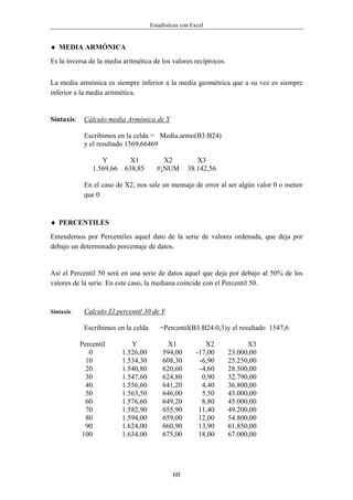 Estadísticas con Excel


♦ MEDIA ARMÓNICA
Es la inversa de la media aritmética de los valores recíprocos.


La media armónica es siempre inferior a la media geométrica que a su vez es siempre
inferior a la media aritmética.


Sintaxis:    Cálculo media Armónica de Y

             Escribimos en la celda = Media.armo(B3:B24)
             y el resultado 1569,66469

                   Y         X1           X2            X3
                1.569,66   638,85       #¡NUM        38.142,56

             En el caso de X2, nos sale un mensaje de error al ser algún valor 0 o menor
             que 0


♦ PERCENTILES
Entendemos por Percentiles aquel dato de la serie de valores ordenada, que deja por
debajo un determinado porcentaje de datos.


Así el Percentil 50 será en una serie de datos aquel que deja por debajo al 50% de los
valores de la serie. En este caso, la mediana coincide con el Percentil 50.


Sintaxis:    Calculo El percentil 30 de Y

             Escribimos en la celda       =Percentil(B3:B24:0,3)y el resultado 1547,6

            Percentil         Y              X1             X2          X3
               0           1.526,00        594,00        -17,00   23.000,00
             10            1.534,30        608,30         -6,90   25.250,00
             20            1.540,80        620,60         -4,60   28.500,00
             30            1.547,60        624,80          0,90   32.790,00
             40            1.556,60        641,20          4,40   36.800,00
             50            1.563,50        646,00          5,50   43.000,00
             60            1.576,60        649,20          8,80   45.000,00
             70            1.582,90        655,90         11,40   49.200,00
             80            1.594,00        659,00         12,00   54.800,00
             90            1.624,00        660,90         13,90   61.850,00
            100            1.634,00        675,00         18,00   67.000,00




                                               60
 