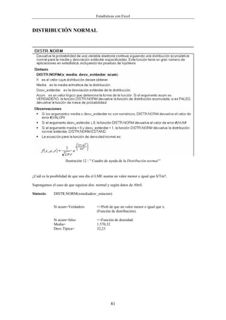 Estadísticas con Excel


DISTRIBUCIÓN NORMAL




                     Ilustración 12 : " Cuadro de ayuda de la Distribución normal "



¿Cuál es la posibilidad de que una día el LME asuma un valor menor o igual que $/Tm?.

Supongamos el caso de que siguiese dist. normal y según datos de Abril.

Sintaxis:    DISTR.NORM(xmediadesv_estacum)


             Si acum=Verdadero           =>Prob de que un valor menor o igual que x.
                                         (Función de distribución).

             Si acum=falso               =>Función de densidad.
             Media=                      1.570,32
             Desv.Típica=                32,23




                                                  81
 