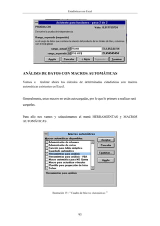 Estadísticas con Excel




ANÁLISIS DE DATOS CON MACROS AUTOMÁTICAS

Vamos a realizar ahora los cálculos de determinadas estadísticas con macros
automáticas existentes en Excel.


Generalmente, estas macros no están autocargadas, por lo que lo primero a realizar será
cargarlas.


Para ello nos vamos y seleccionamos el menú HERRAMIENTAS y MACROS
AUTOMÁTICAS.




                      Ilustración 15 : " Cuadro de Macros Automáticas "




                                             93
 