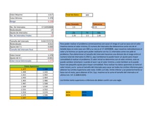 0.001
Valor Maximo                               1.617             Total de Datos         300
Valor Minimo                               1.378
Rango                                      0.239
                                                             Valor Deseado                   Tolerancia
No. De Intervalos                 17.32050808                       1.5                    ± 0.15
Redondeado                                 17
Ajuste de Intervalos                       -6                       LSL             TV            USL
No. de Intervalos Finales                  11                       1.35            1.5           1.65

Tamaño del intervalo              0.021727273
Redondeado                              0.022         Para poder realizar el problema comenzaremos con sacar el rengo el cual se saca con el valor
Ajuste del T.I.                         0.000         maximo menos el valor minimo, El numero de intervalos dse deteremina conla raiz de el
Tamaño del Intervalo final              0.022         totalde daos en este caso son 300 y su raiz es el 17.32050808 , aqui nosotros rednodeamoos el
                                                      1.465
                                                      valor y le hicimos un ajuste para poder realizarlo con los 11 intervalos como nos pide el
Valor Inicial                           1.378         problema. Para determinar el tamaño del intervalo hacemos una division de el rango entre el
                                                      numero total de intervalos 0.239/11, aqui tambiense le puede hacer un ajuste para mayor
Ajuste de V.I.                         -0.001
                                                      comodidad al realizar el problema. El valor inicial se determina con el valor minimo, este se
Valor Inicial Detrminado                1.377
                                                      puede cambiar simempre i cuando el sea<= qe el valor minimo, a este tambien se le puede
                                                      hacer ese pequeño ajuste para mayor comodidad. Para realizar los datos aparentes se toma el
                Datos Aparentes                       valor inicial y se le suma el tamaño del intervalo para sacar asi todos los Limites inferiores,para
            1.377                  1.398              obtener los Limites Superiores sele resta -0.001 a el 2do. limite inferior y asi posteriormente se
            1.399                  1.420              hace con el resto, para obtener el lim. Sup. maximo se le suma el tamaño del intervalo a el
            1.421                  1.442              ultimo Lim. Inf. (1.608+0.024).
            1.443                  1.464
            1.465                  1.486              Los limites tanto superiores e inferiores de deben cumlir con una regla.
            1.487                  1.508
            1.509                  1.530
            1.531                  1.552
            1.553                  1.574                     BIEN               BIEN
            1.575                  1.596                     BIEN               BIEN
            1.597                  1.619
 