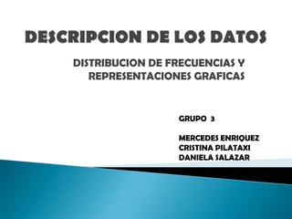 DISTRIBUCION DE FRECUENCIAS Y
REPRESENTACIONES GRAFICAS

GRUPO 3
MERCEDES ENRIQUEZ
CRISTINA PILATAXI
DANIELA SALAZAR

 