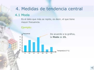 4. Medidas de tendencia central Ejemplo: Es el dato que más se repite, es decir, el que tiene mayor frecuencia. De acuerdo a la gráfica, la  Moda  es  15. 4.1 Moda Temperatura (º C) Frecuencia 1 2 3 4 8 10 12 15 18 21 5 25 6 