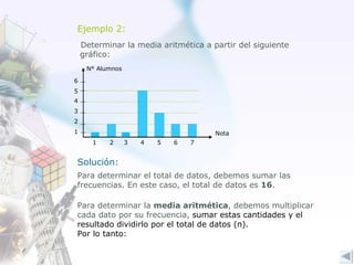 Ejemplo 2: Determinar la media aritmética a partir del siguiente gráfico: Solución: Para determinar el total de datos, debemos sumar las frecuencias. En este caso, el total de datos es  16 . Para determinar la  media aritmética , debemos multiplicar cada dato por su frecuencia,  sumar estas cantidades y el resultado dividirlo por el total de datos (n).  Por lo tanto: Nota N° Alumnos 1 2 3 4 1 2 3 4 5 6 5 7 6 