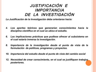 JUSTIFICACIÓN  E  IMPORTANCIA DE  LA  INVESTIGACIÓN La Justificación de la Investigación debe orientarse hacia:  Los aportes teóricos que generarían conocimientos hacia la disciplina científica en el cual se ubica el estudio. Las implicaciones prácticas que pudiese ofrecer al subsistema en el cual estaría inmersa la investigación. Importancia de la investigación desde el punto de vista de la formulación  de políticas, programas y proyectos. Importancia del estudio desde el punto de vista del cambio social Necesidad de crear conocimiento, en el cual se justifiquen trabajos posteriores. 