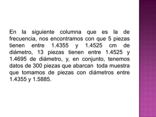 En la siguiente columna que es la de
frecuencia, nos encontramos con que 5 piezas
tienen entre 1.4355 y 1.4525 cm de
diámetro, 13 piezas tienen entre 1.4525 y
1.4695 de diámetro, y, en conjunto, tenemos
datos de 300 piezas que abarcan toda muestra
que tomamos de piezas con diámetros entre
1.4355 y 1.5885.
 
