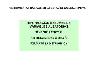 HERRAMIENTAS BÁSICAS EN LA ESTADÍSTICA DESCRIPTIVA

INFORMACIÓN RESUMEN DE
VARIABLES ALEATORIAS
TENDENCIA CENTRAL
HETEROGENEIDAD O DESVÍO
FORMA DE LA DISTRIBUCIÓN

 