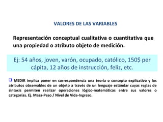 VALORES DE LAS VARIABLES

Representación conceptual cualitativa o cuantitativa que
una propiedad o atributo objeto de medición.

Ej: 54 años, joven, varón, ocupado, católico, 150$ per
cápita, 12 años de instrucción, feliz, etc.
 MEDIR implica poner en correspondencia una teoría o concepto explicativo y los
atributos observables de un objeto a través de un lenguaje estándar cuyas reglas de
sintaxis permiten realizar operaciones lógico-matemáticas entre sus valores o
categorías. Ej. Masa-Peso / Nivel de Vida-Ingreso.

 
