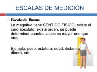  Escala de Razón:
La magnitud tiene SENTIDO FÍSICO, existe el
cero absoluto, existe orden, se puede
determinar cuántas veces es mayor uno que
otro.
Ejemplo: peso, estatura, edad, distancia,
dinero, etc.
ESCALAS DE MEDICIÓN
 