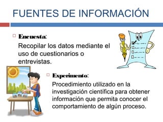 FUENTES DE INFORMACIÓN
 Encuesta:
Recopilar los datos mediante el
uso de cuestionarios o
entrevistas.
 Experimento:
Procedimiento utilizado en la
investigación científica para obtener
información que permita conocer el
comportamiento de algún proceso.
 