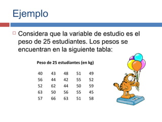Ejemplo
 Considera que la variable de estudio es el
peso de 25 estudiantes. Los pesos se
encuentran en la siguiente tabla:
Peso de 25 estudiantes (en kg)
40 43 48 51 49
56 44 42 55 52
52 62 44 50 59
63 50 56 55 45
57 66 63 51 58
 