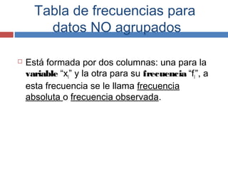 Tabla de frecuencias para
datos NO agrupados
 Está formada por dos columnas: una para la
variable “xI” y la otra para su frecuencia “fI”, a
esta frecuencia se le llama frecuencia
absoluta o frecuencia observada.
 