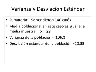 Varianza y Desviación Estándar
• Sumatoria: Se vendieron 140 cafés
• Media poblacional en este caso es igual a la
media muestral:
• Varianza de la población = 106.8
• Desviación estándar de la población =10.33
 