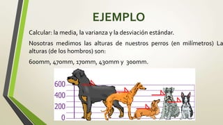 EJEMPLO
Calcular: la media, la varianza y la desviación estándar.
Nosotras medimos las alturas de nuestros perros (en milímetros) La
alturas (de los hombros) son:
600mm, 470mm, 170mm, 430mm y 300mm.
 