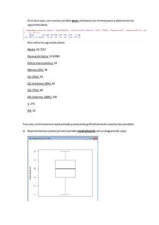 En el otro caso, con nuestravariable peso,realizamoslosmismos pasosyobtenemoslos
siguientesdatos:
Nosindicalossiguientesdatos:
Media:62.7557
Desviacióntípica: 12.65981
Índice intercuartílico: 14
Mínimo (0%):38
Q1 (25%):54
Q2 (mediana,50%): 60
Q3 (75%):68
Q4 (máximo,100%):130
n: 275
NA:16
Tras esto,continuaremosrepresentadoyanalizandográficaficamente nuestrasdosvariables:
1) Representamosnuestraprimeravariable medicalizaciónconundiagramade cajas:
 