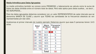 Media Aritmética para Datos Agrupados:
La media aritmética también se conoce como PROMEDIO, y básicamente se calcula como la suma de
todos los datos dividida entre el número total de datos. Pero esto aplica para datos sueltos… es decir…
NO AGRUPADOS…
Para los datos agrupados debemos considerar con un valor REPRESENTATIVO de cada intervalo que se
denomina MARCA DE CLASE y asumir que TODAS las cantidades de la frecuencia absoluta se ven
representadas por ese valor.
Analicemos el primer intervalo de nuestro ejemplo: Debemos asumir que esas 5 personas tienen 14.5
años:
 