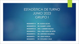 ESTADÍSTICA DE TURNO
JUNIO 2023
GRUPO I
RESIDENTE IV: DR. ALEXIS LUCAS
RESIDENTE III: DR. DANERY LOPEZ
RESIDENTE III: DRA. CARMEN ZELADA
RESIDENTE II: DRA. ANA LUISA DE LEÓN
RESIDENTE II: DR. ANTONIO BOLAÑOS
RESIDENTE I: DR. JEAN PADILLA
RESIDENTE I: DR. ESTUARDO CELIS
 